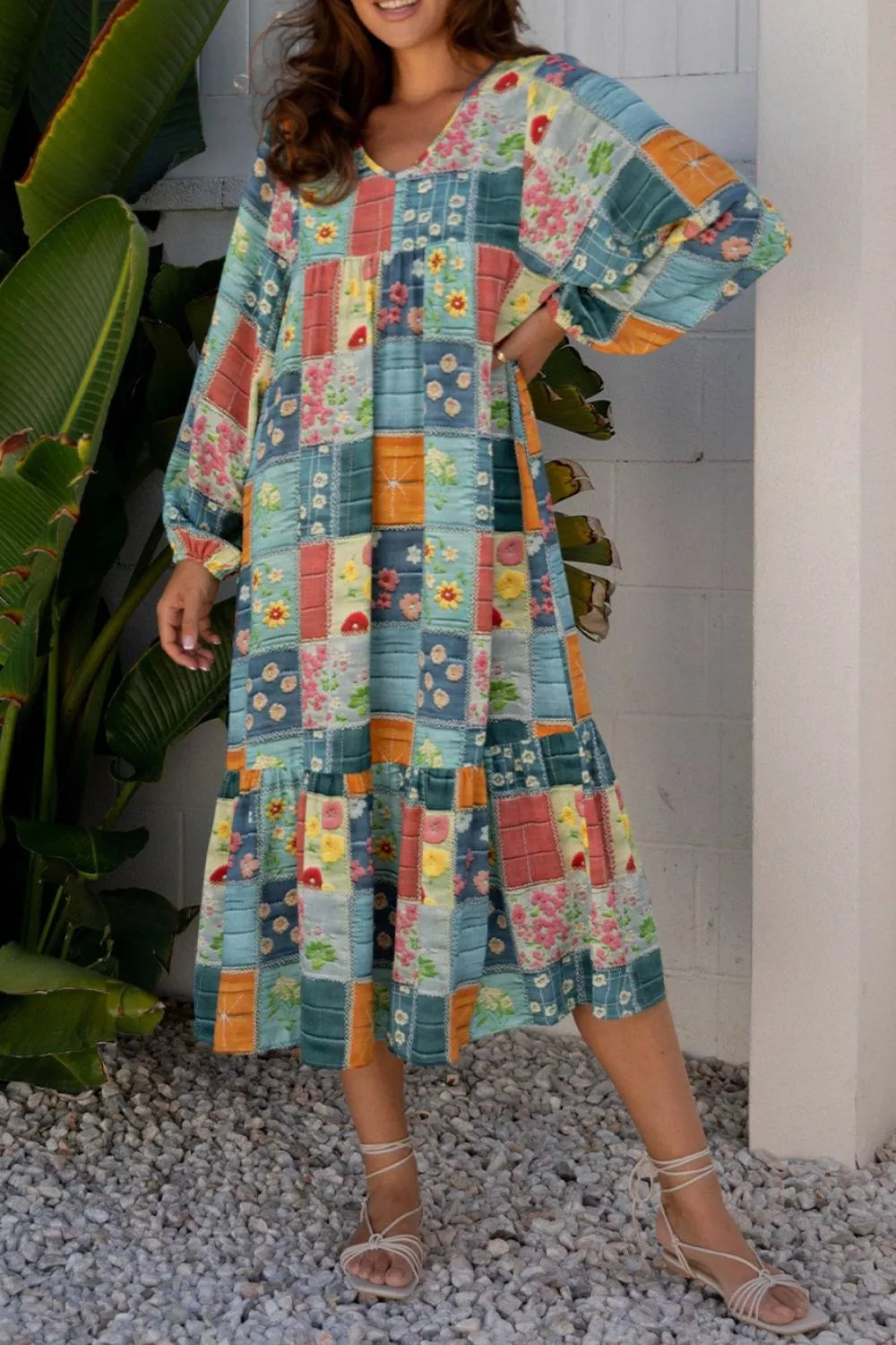 Floral Checkered V-Neck Dress Floral OutfitFlow