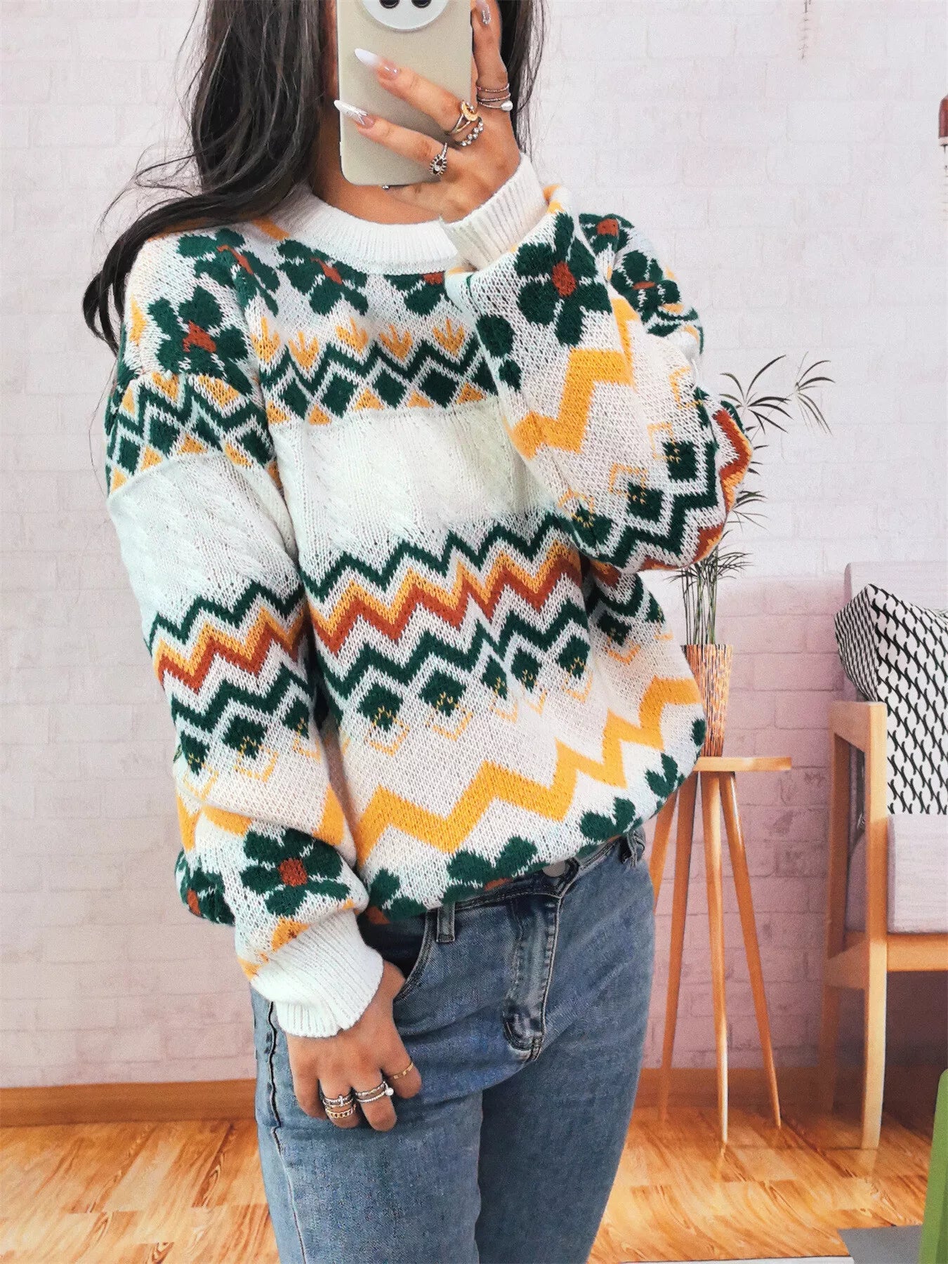 Geometric Round Neck Long Sleeve Sweater OutfitFlow