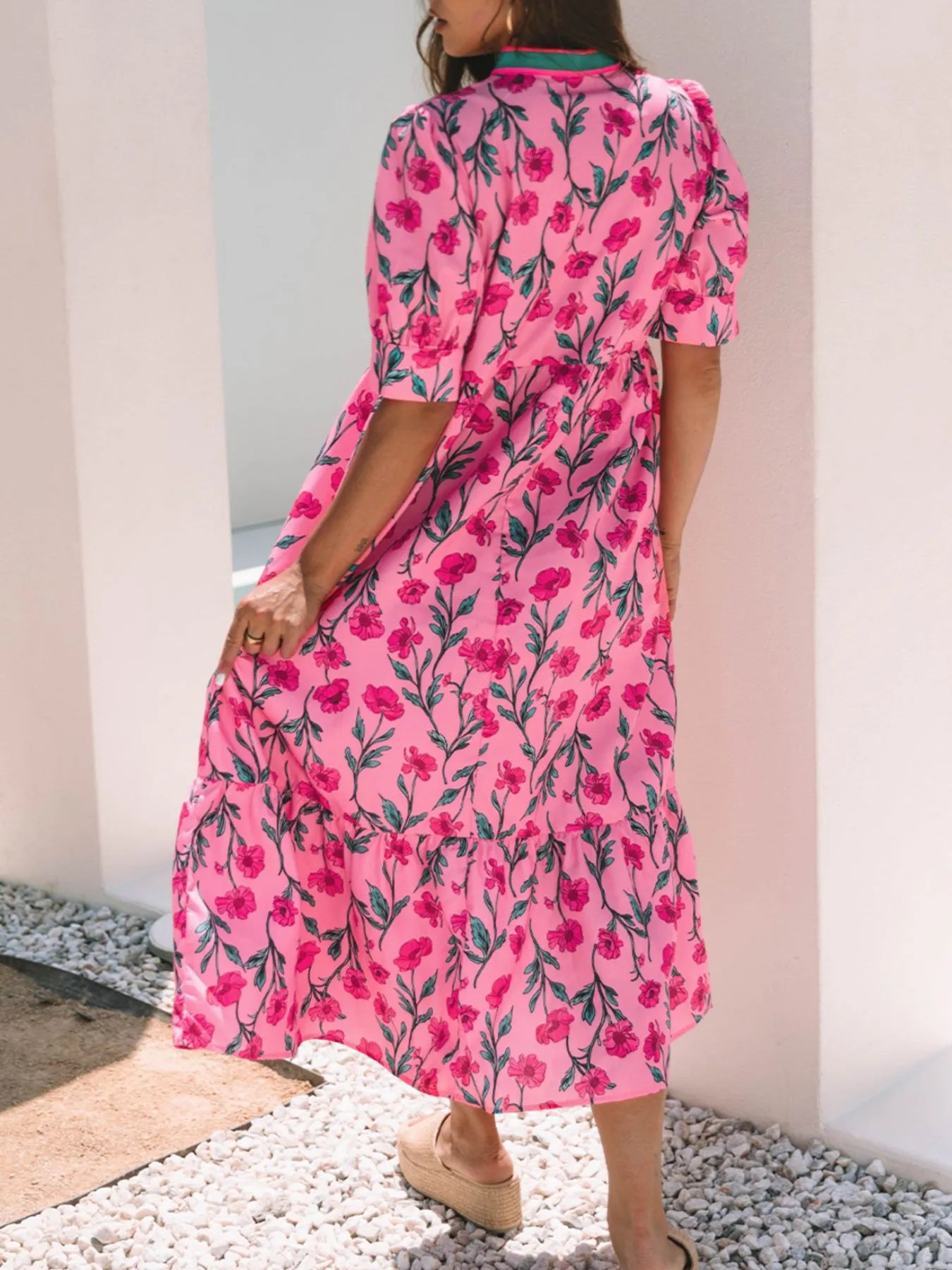 Floral Contrast Neckline A-line Puff Sleeve Dress OutfitFlow