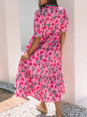 Floral Contrast Neckline A-line Puff Sleeve Dress OutfitFlow