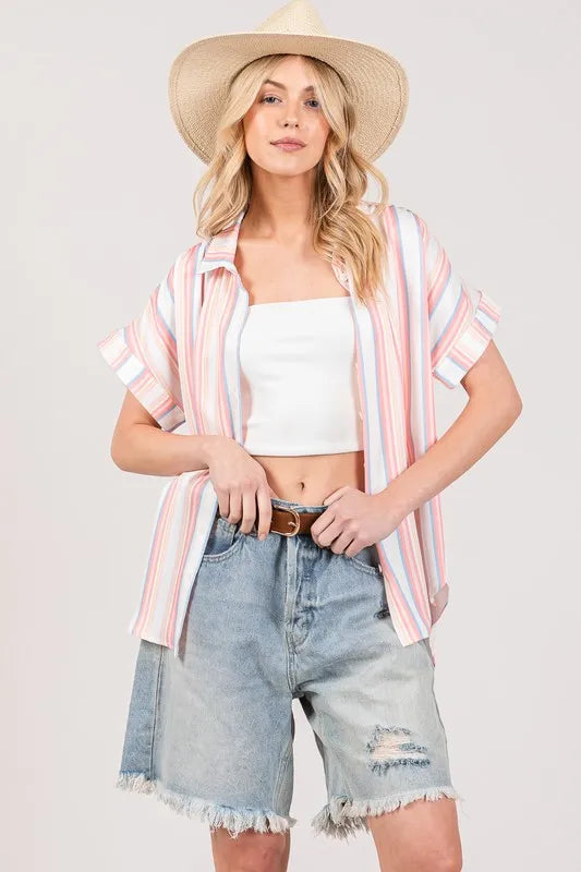 SAGE+FIG Full Size Multi Stripe Button Down Short Sleeve Shirt Plus Size OutfitFlow