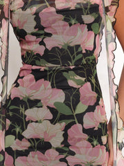 Floral Print Ruffle Trim Bodycon Maxi Dress OutfitFlow