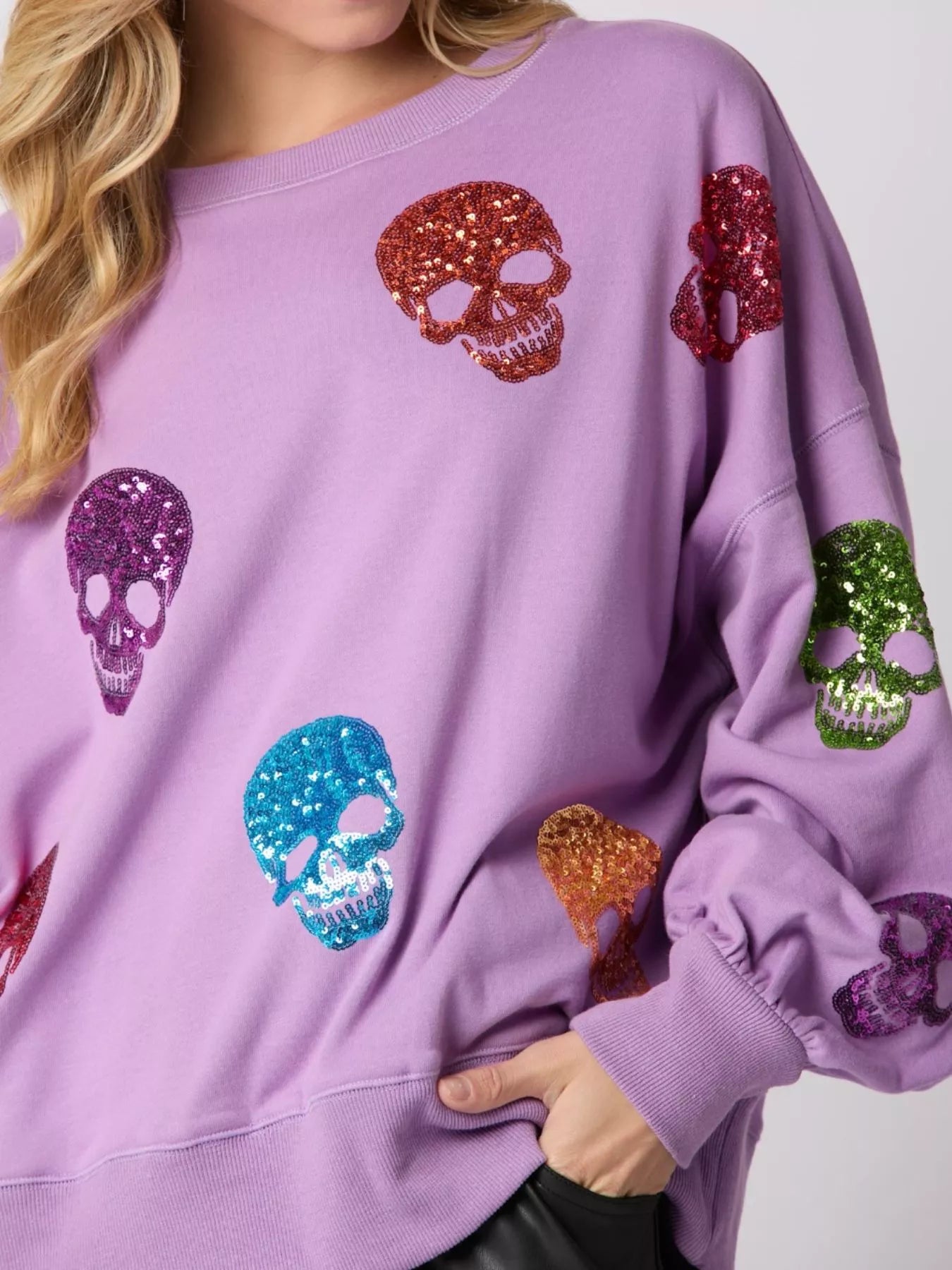 Halloween Colorful Skull Sequin Oversized Sweatshirt OutfitFlow