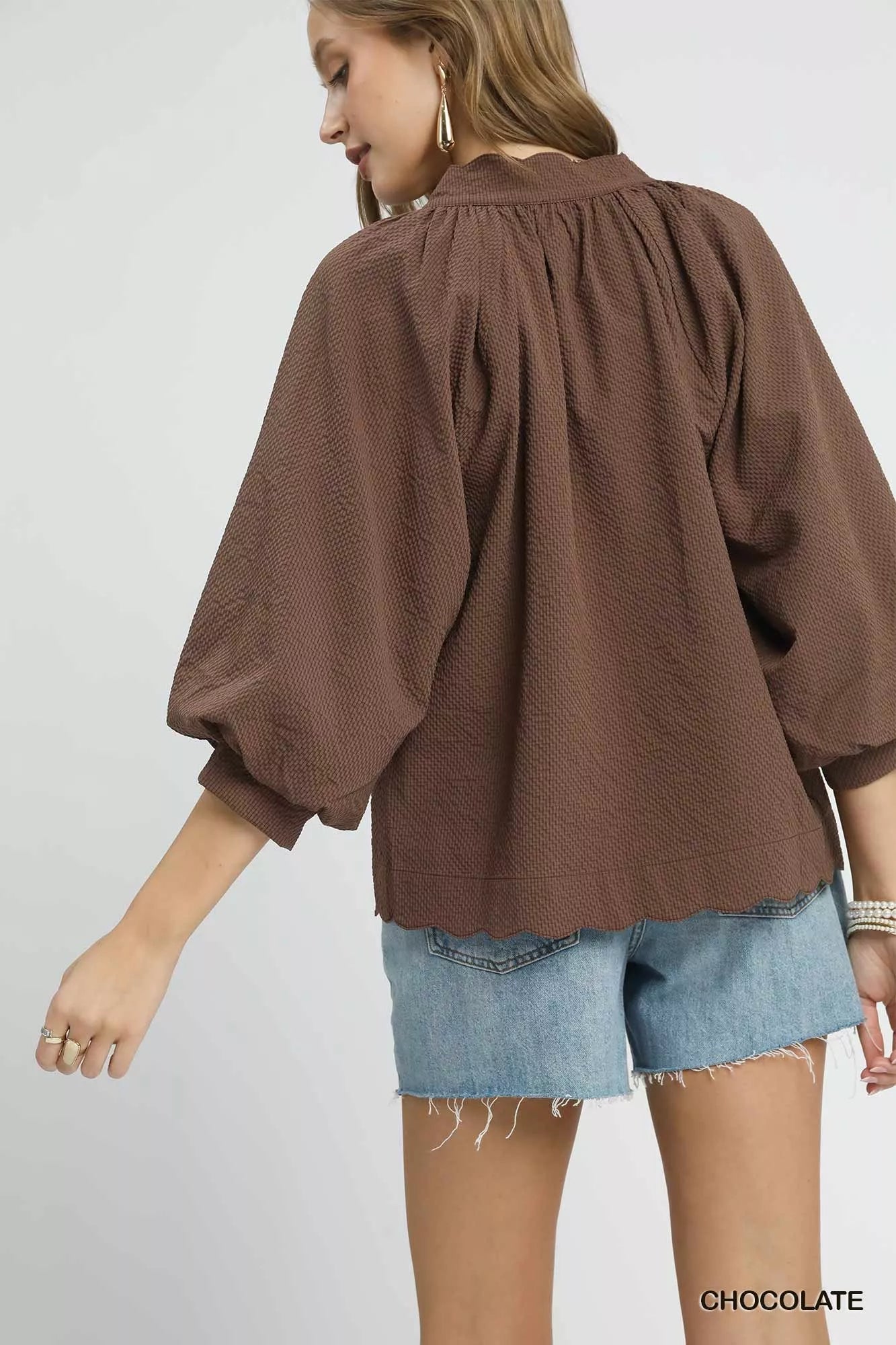 Umgee Full Size Textured Notched Balloon Sleeve Blouse Plus Size Trendsi