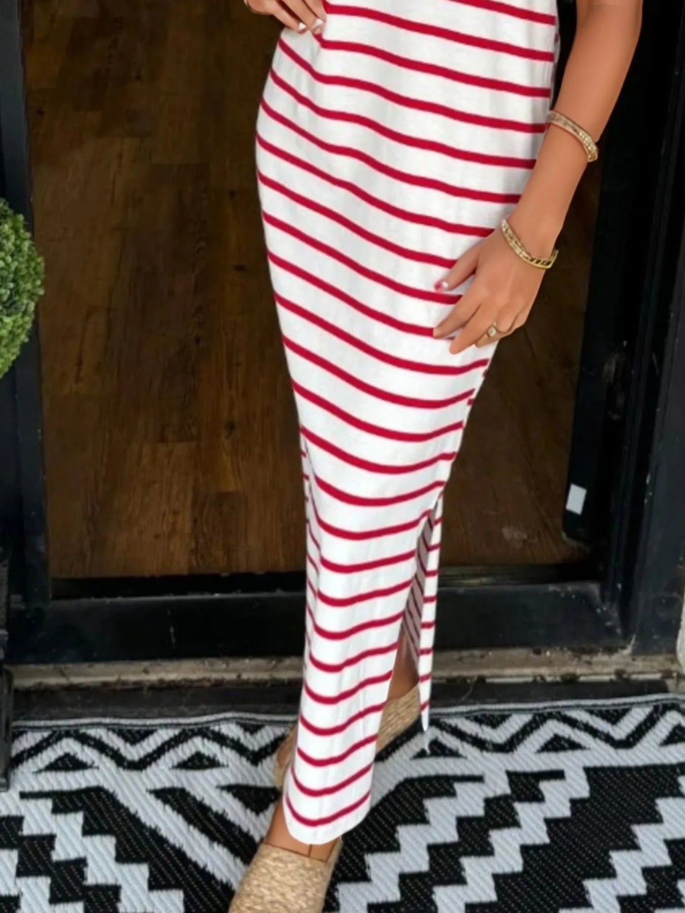 Full Size Striped T-Shirt Maxi Dress with Side Slit Plus Size OutfitFlow