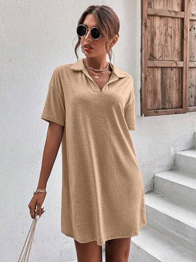 Johnny Collar Short Sleeve Polo Dress Tan OutfitFlow