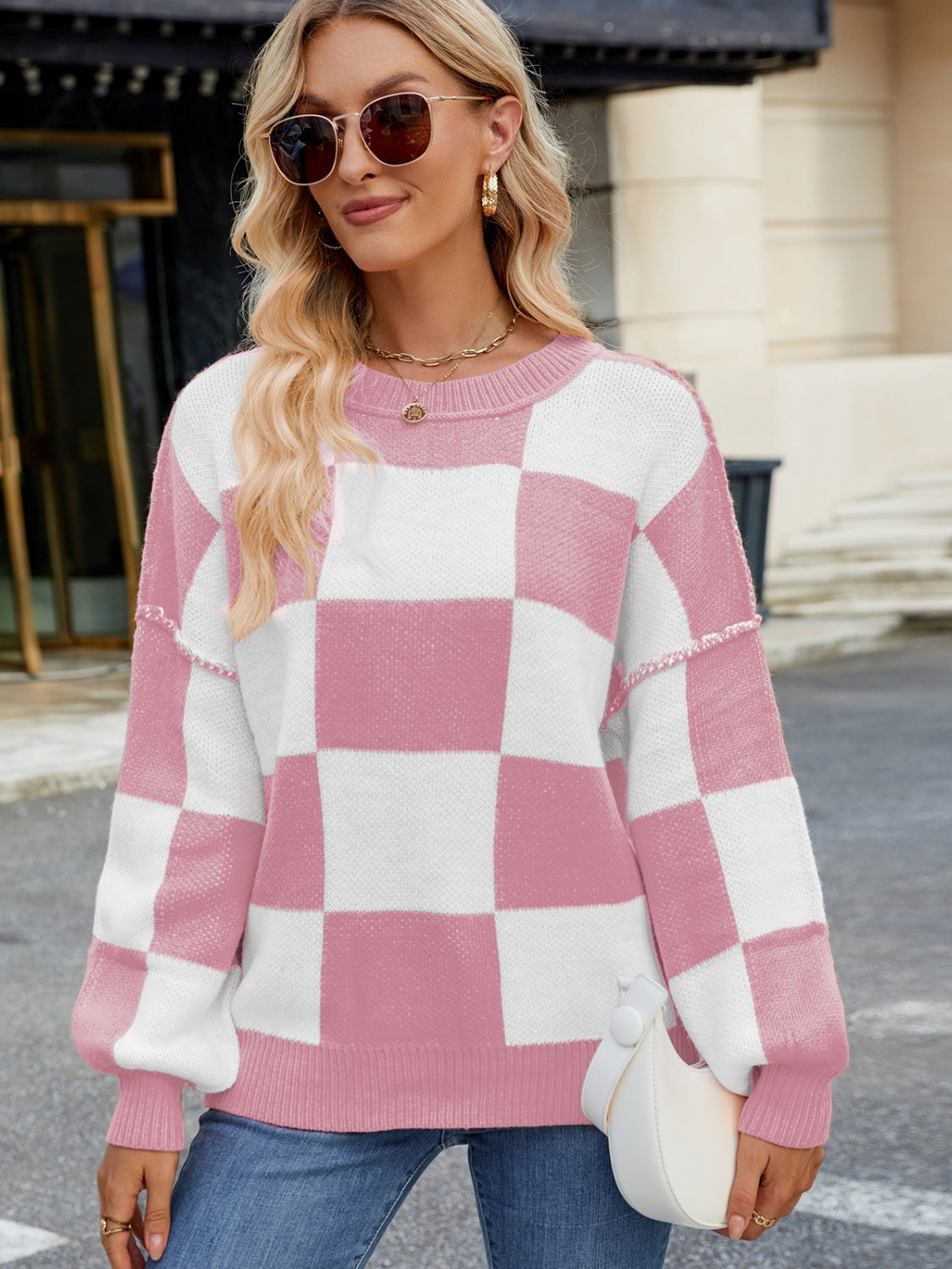 Outfit Flow - Checkered Round Neck Long Sleeve Sweater