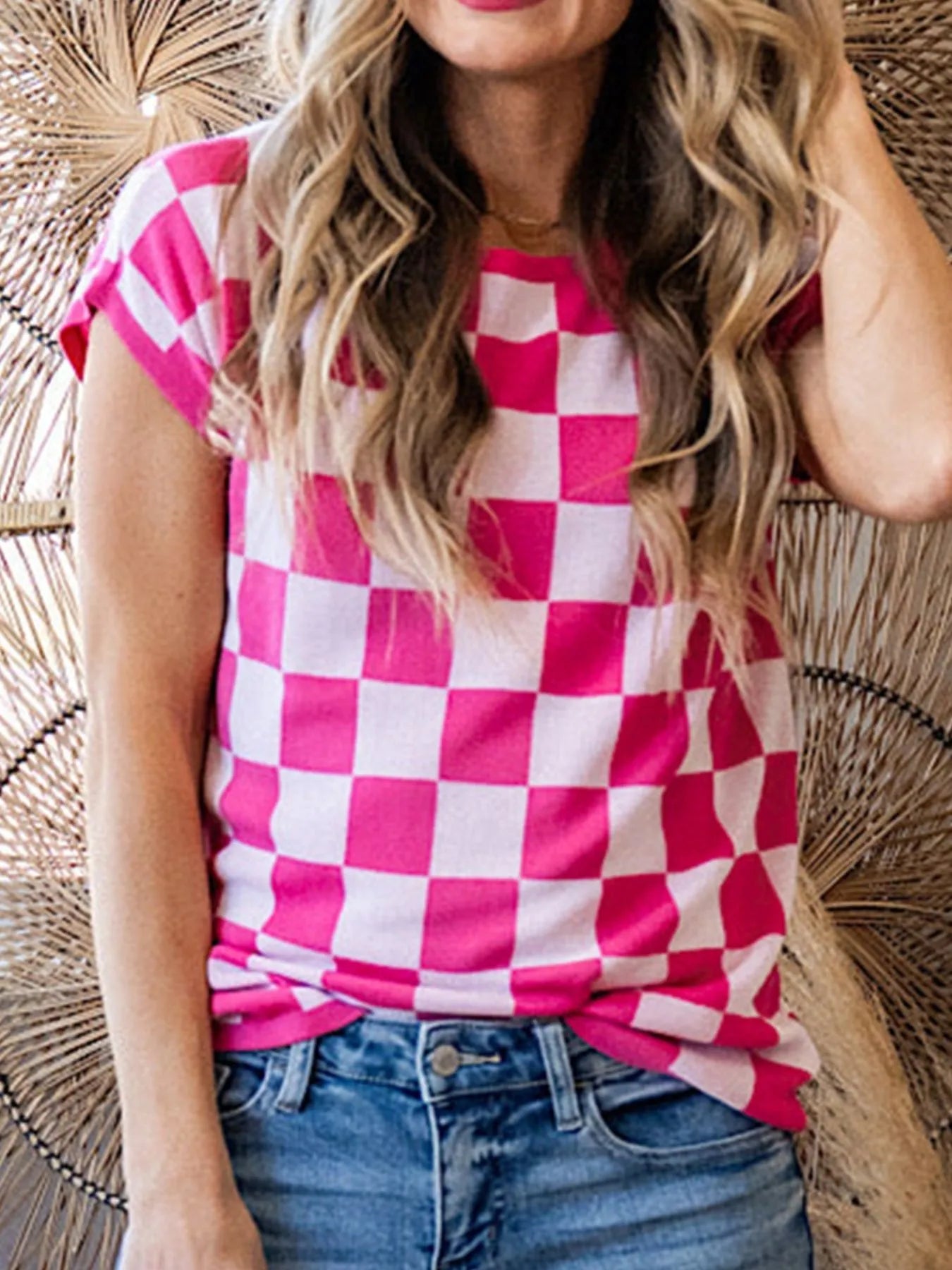 Checkered Cap Sleeve Casual Sweater Top OutfitFlow