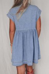 Lapel Neck Cap Sleeve Denim Babydoll Dress OutfitFlow