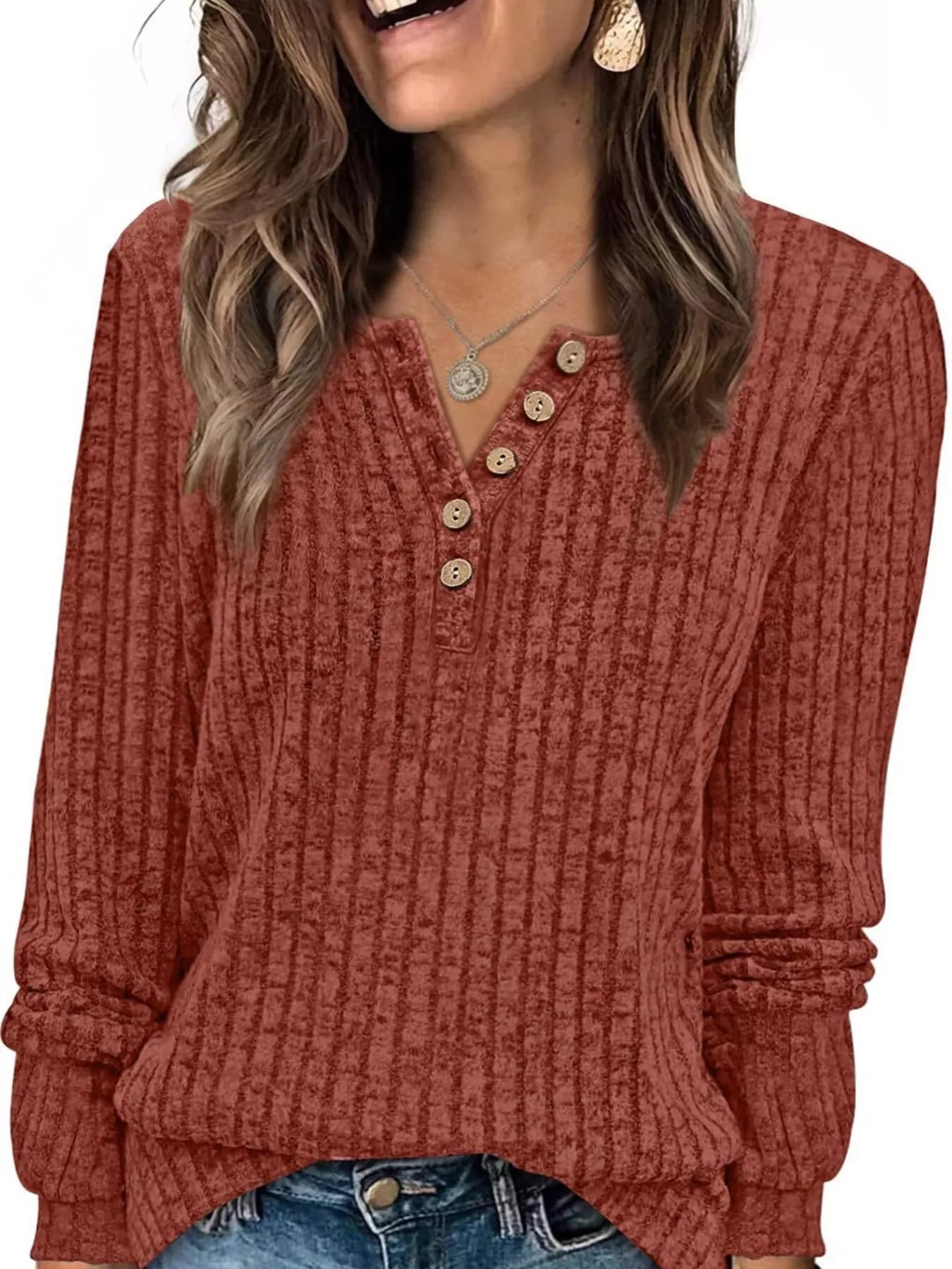 Ribbed Knit Button-Front Long Sleeve T-Shirt OutfitFlow