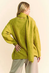Davi & Dani V-Neck Dropped Shoulder Sweater with Scarf OutfitFlow