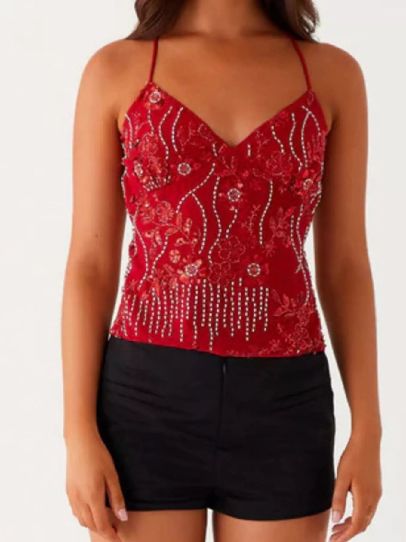 Embroidered Sequin Tie Back Cami OutfitFlow