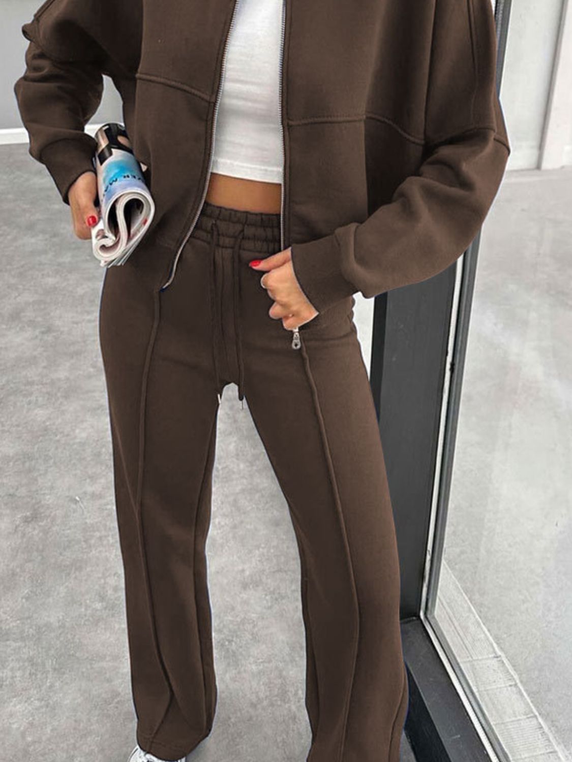 Outfit Flow - Baseball Collar Zip Up Outerwear and Drawstring Pants Set