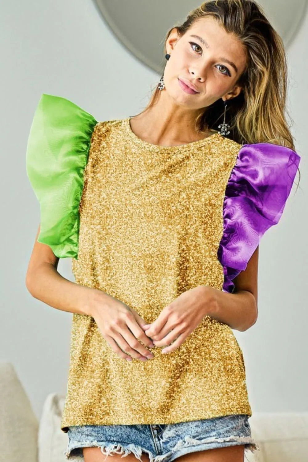 BiBi Mardi Gras Color Block Organza Sleeve Sequin Top MUSTARD OutfitFlow