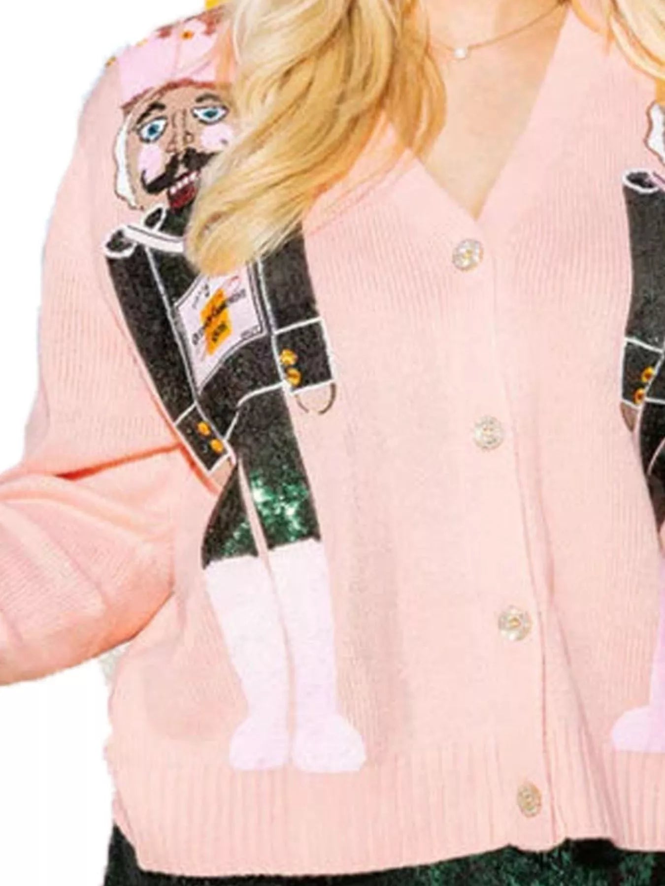 Nutcracker Ribbed Hem V-Neck Cardigan Trendsi