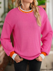 Contrast Crew Neck Pearled Decor Drop Shoulder Knit Sweater OutfitFlow