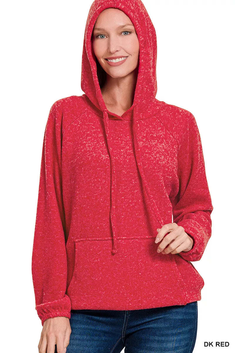 Zenana Brushed Hacci Melange Hooded Sweater DK RED Trendsi