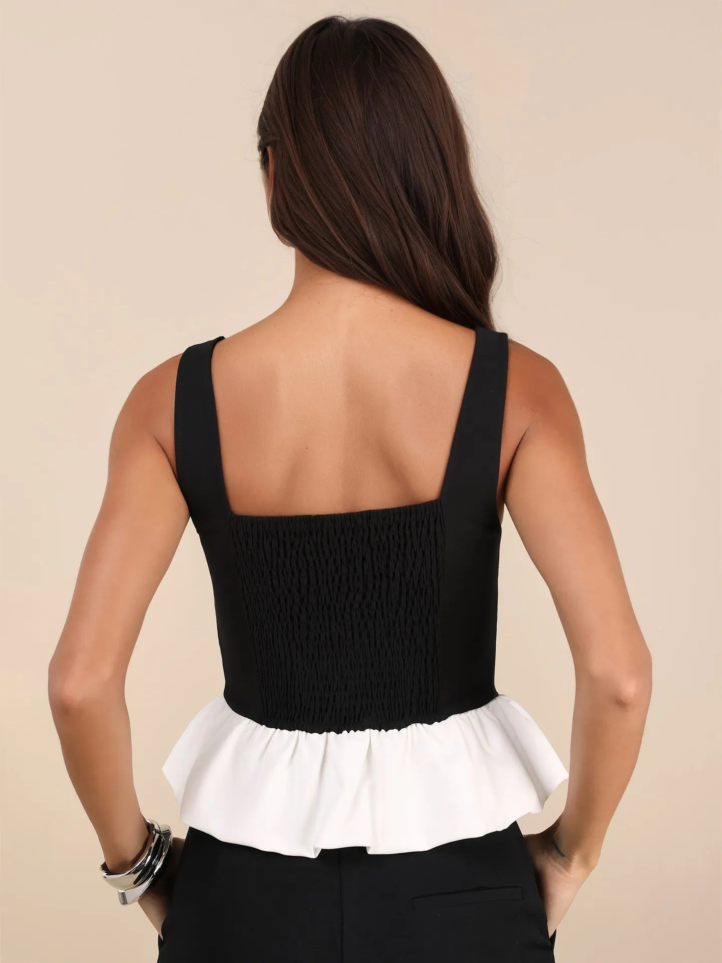 Contrast Ruffled Hem Square Neck Tank OutfitFlow