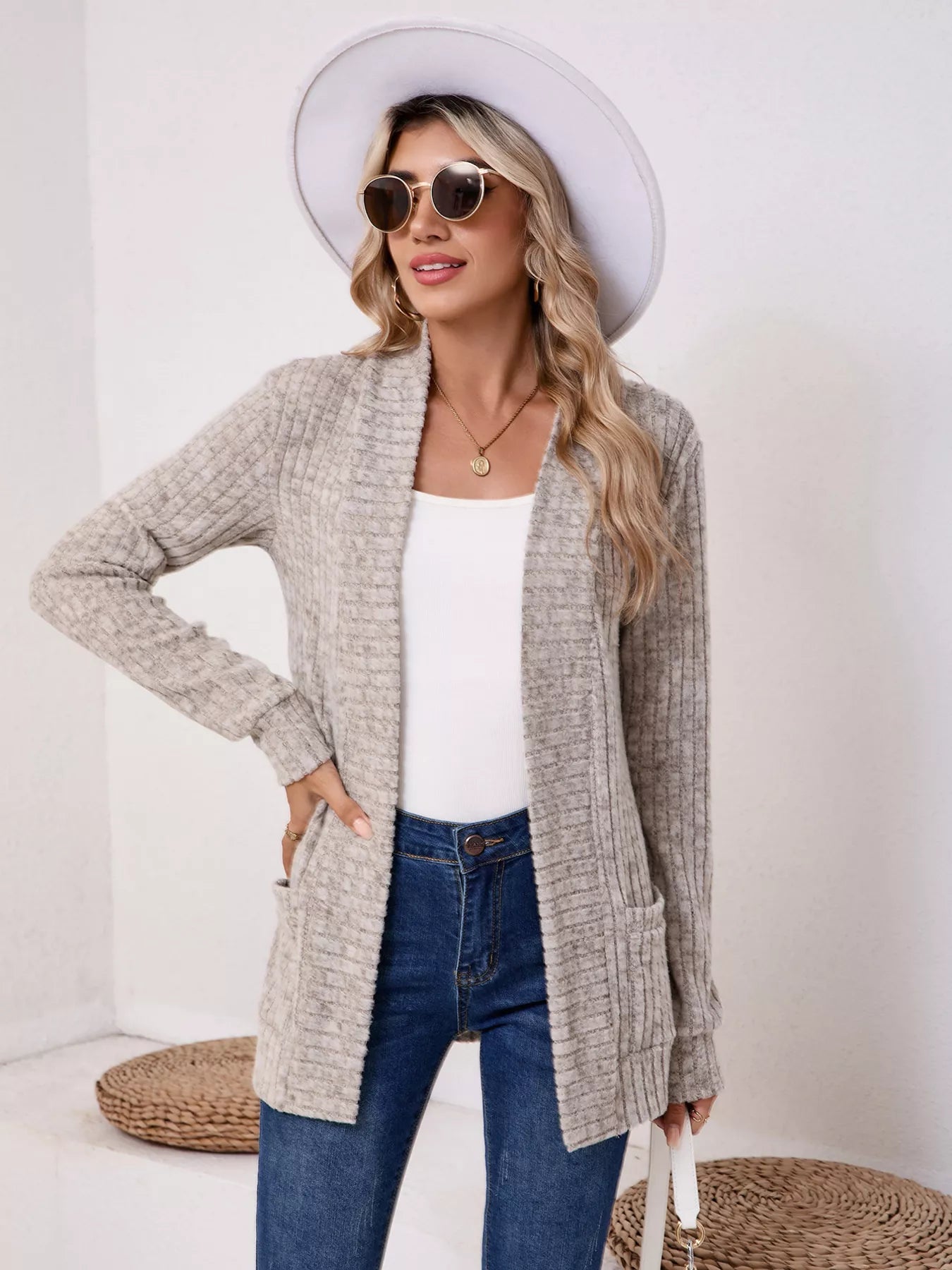 Casual Knit Open Front Cardigan OutfitFlow