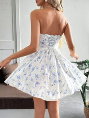 Lace Up Back Strapless Floral Mini Dress OutfitFlow