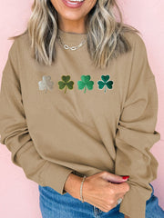 Embroidered Clover Pattern Round Neck Sweatshirt OutfitFlow