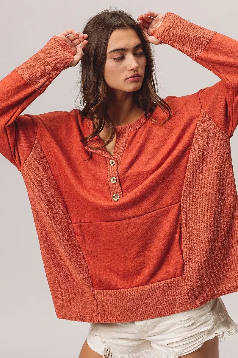 BiBi French Terry Knit Side Block Buttoned Henley Top Trendsi