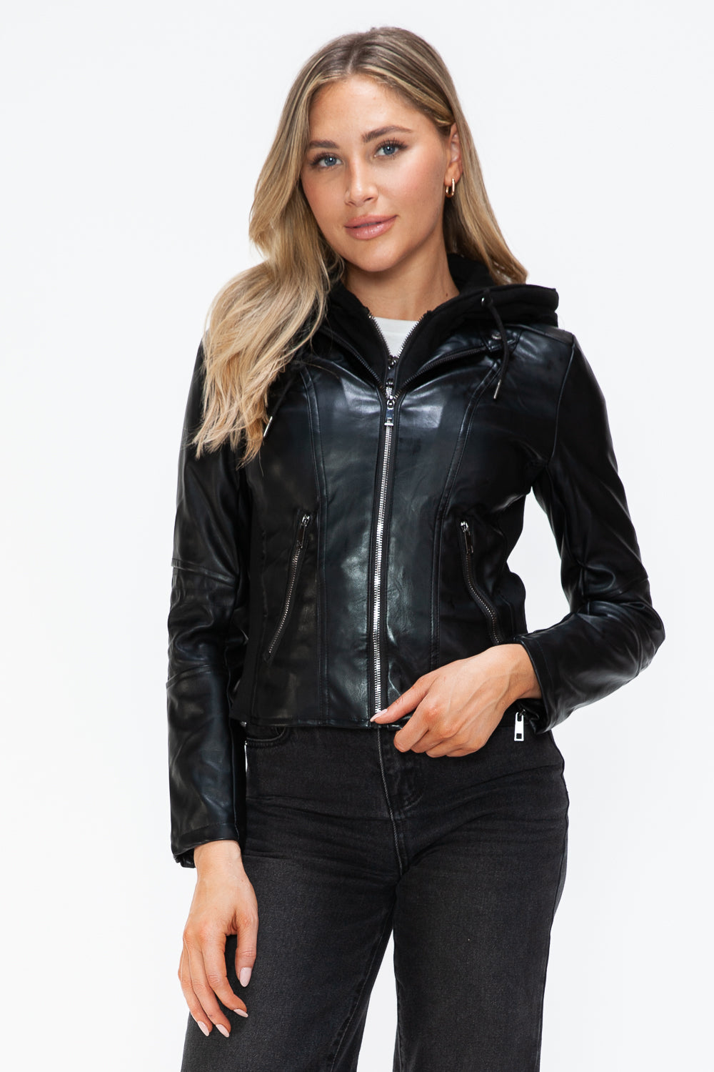 Outfit Flow - Snobbish Faux Leather Zip Up Drawstring Hooded Jacket