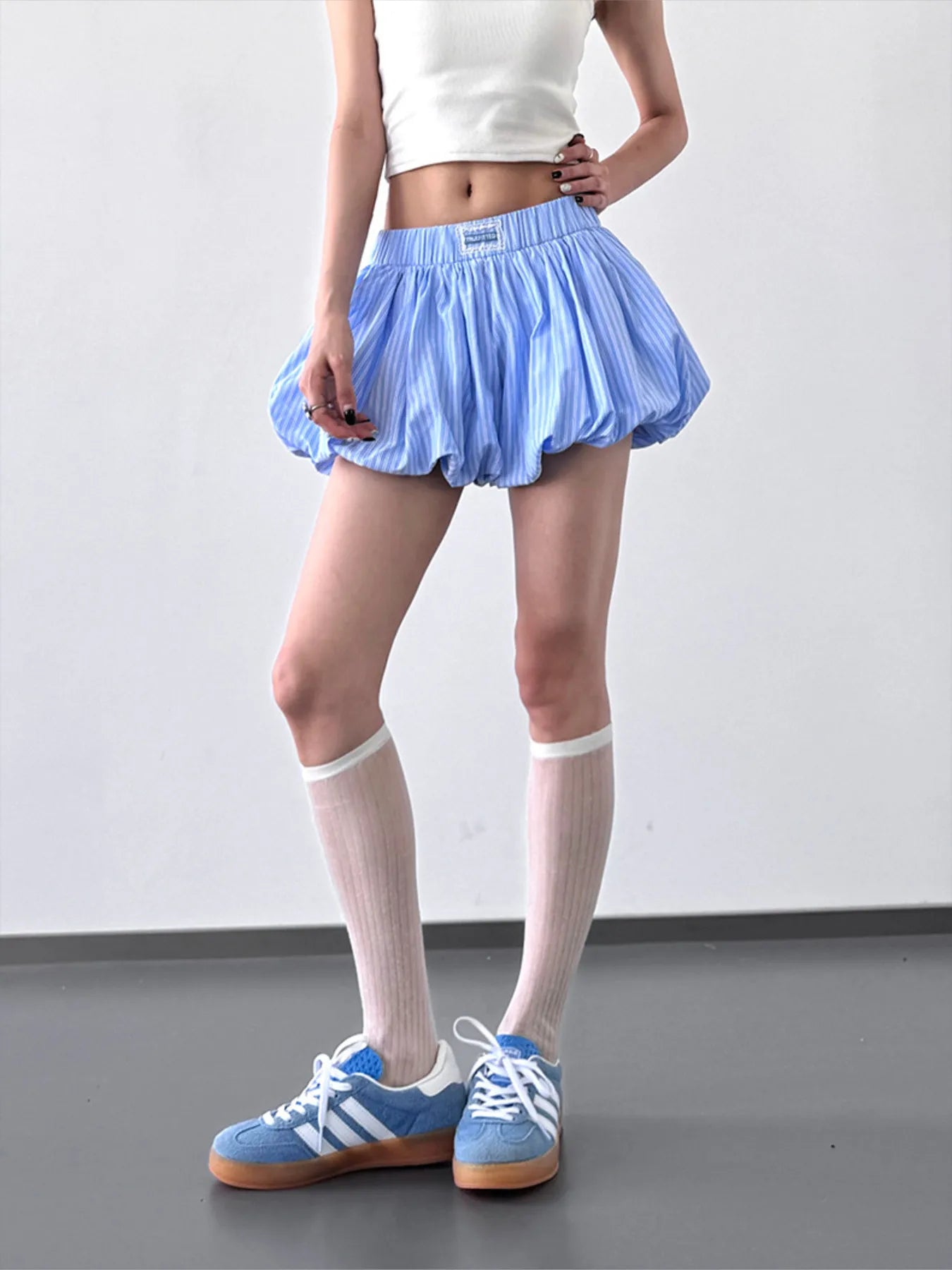 Striped Bubble Hem Casual Shorts OutfitFlow