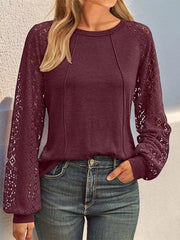 Round Neck Lace Sleeve Blouse Burgundy OutfitFlow