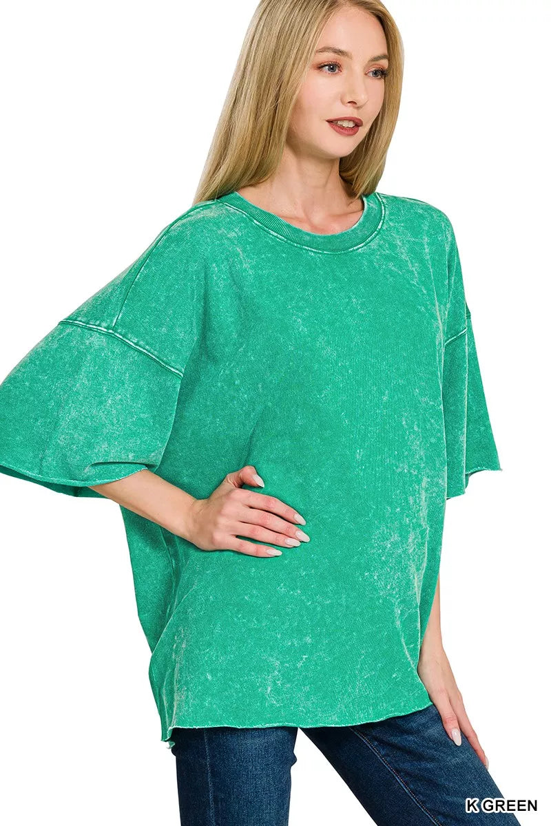 Zenana French Terry Washed Drop Shoulder Short Sleeve Top Trendsi