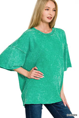 Zenana French Terry Washed Drop Shoulder Short Sleeve Top Trendsi