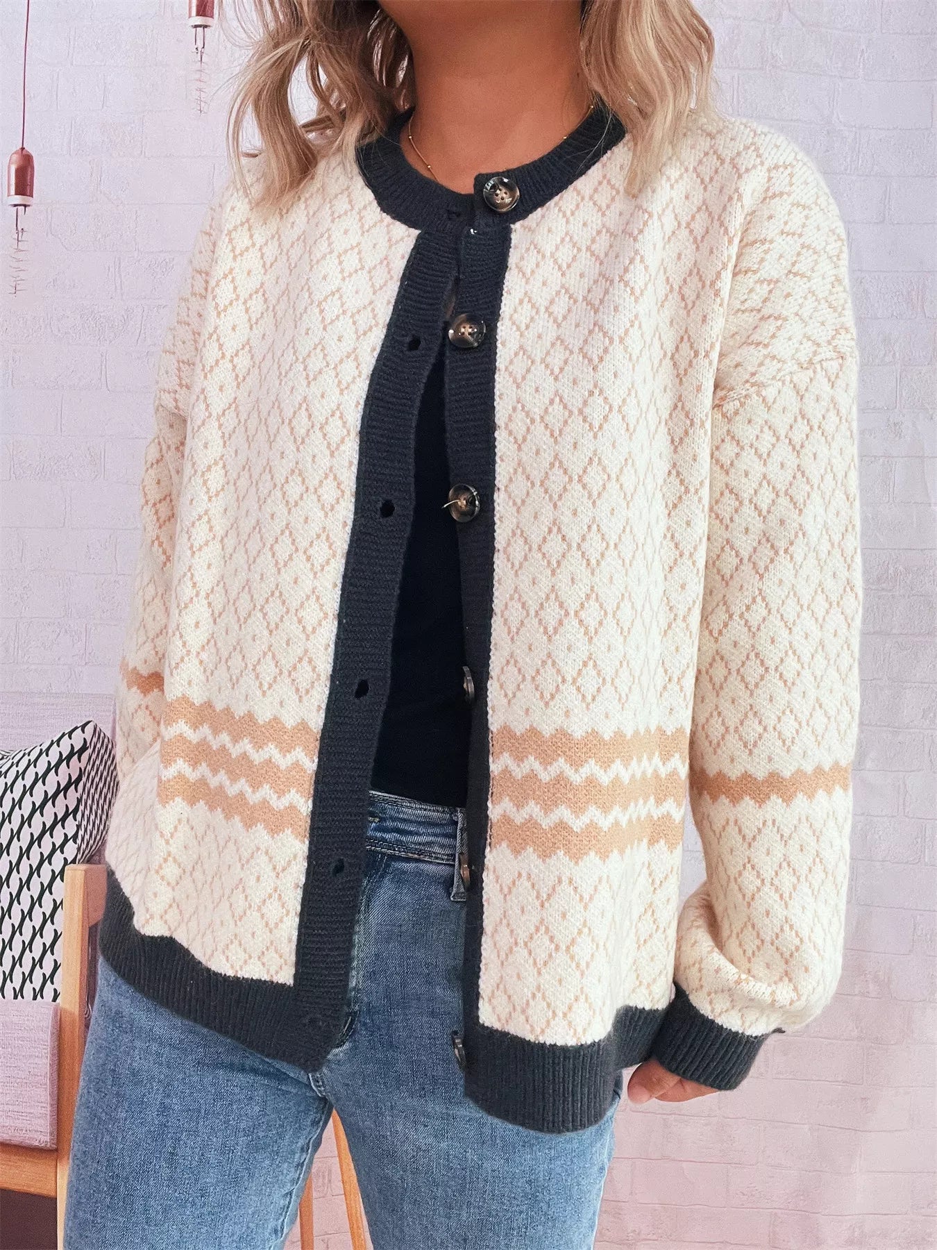 Geometric Pattern Button Up Cardigan Pink One Size OutfitFlow