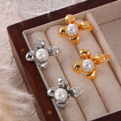 Synthetic Pearl Titanium Steel Flower Earrings OutfitFlow