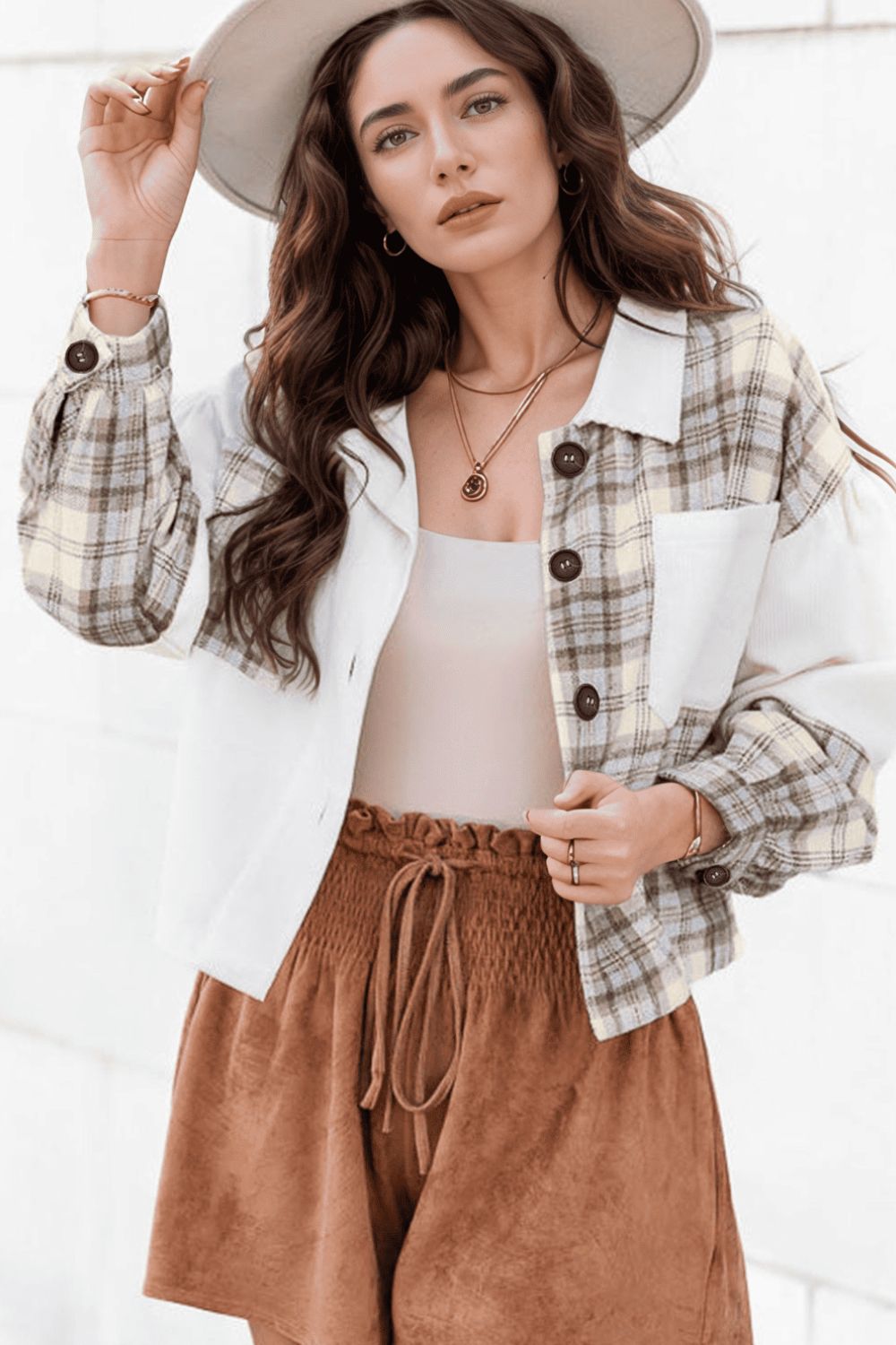 Outfit Flow - Corduroy Plaid Button Up Drop Shoulder Jacket