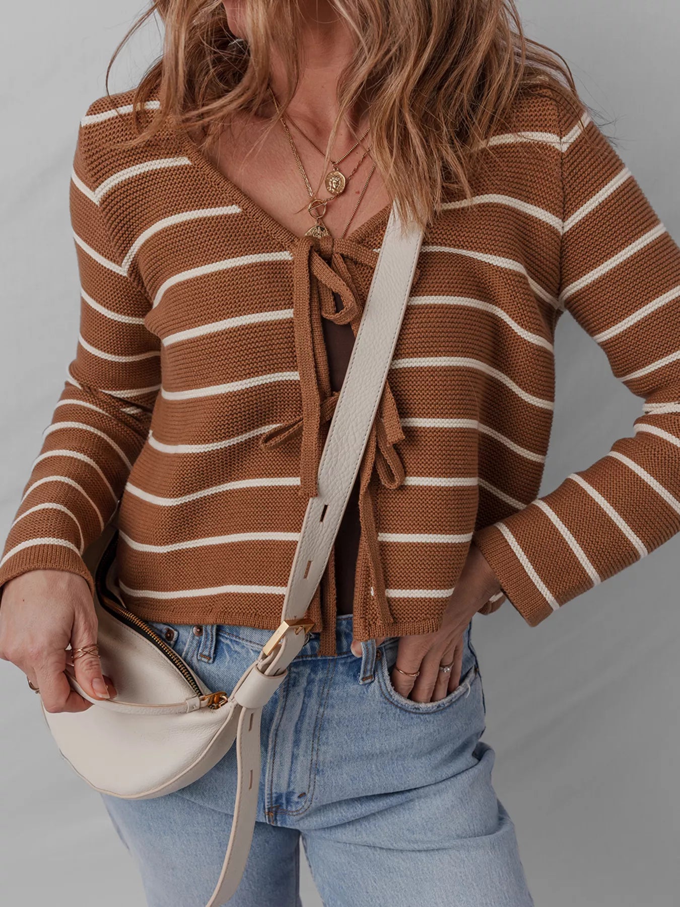 Tie Front Striped Knit V Neck Cardigan OutfitFlow