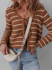 Tie Front Striped Knit V Neck Cardigan OutfitFlow
