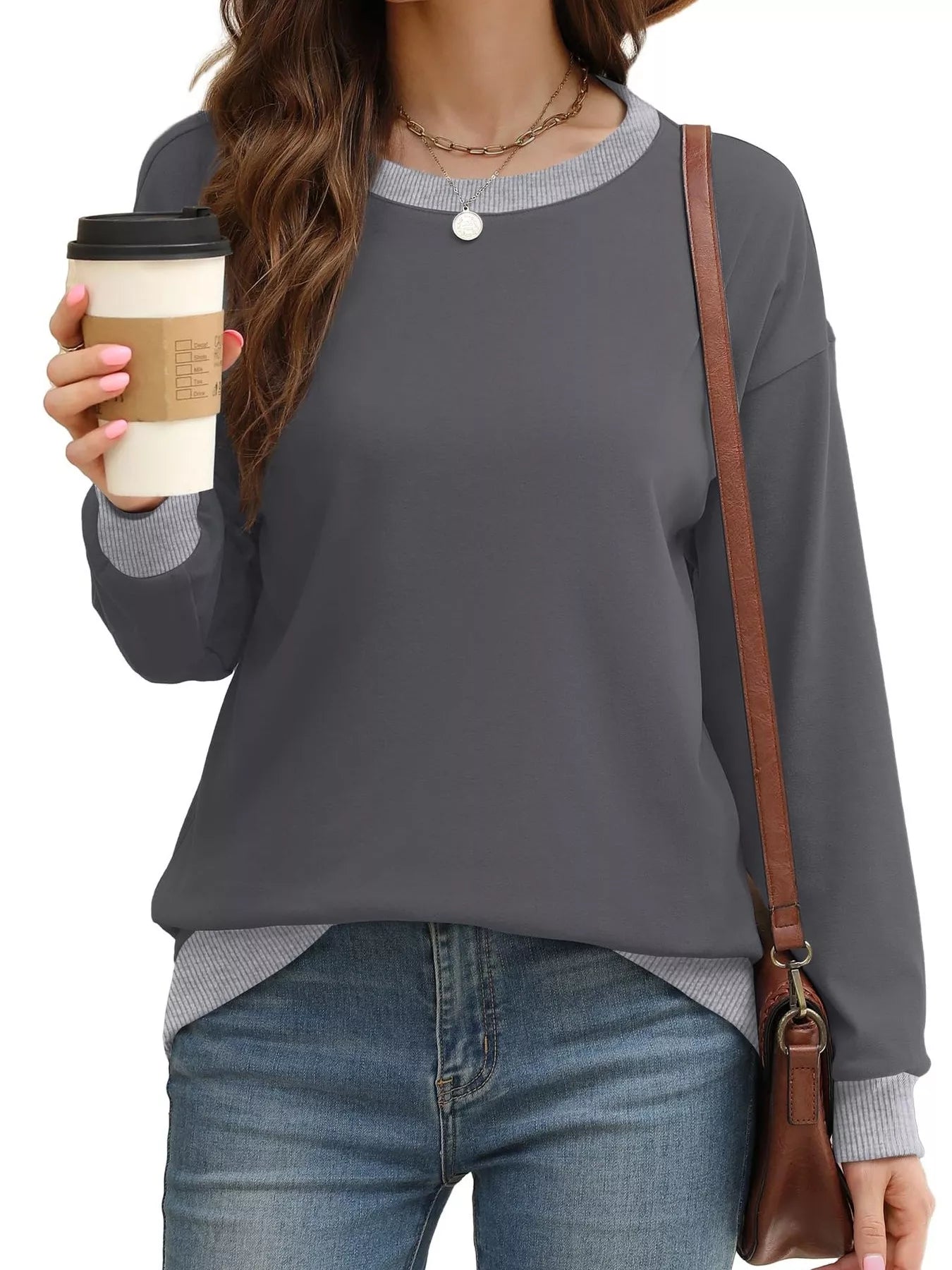 Contrast Trim Crew Neck Casual Sweatshirt OutfitFlow