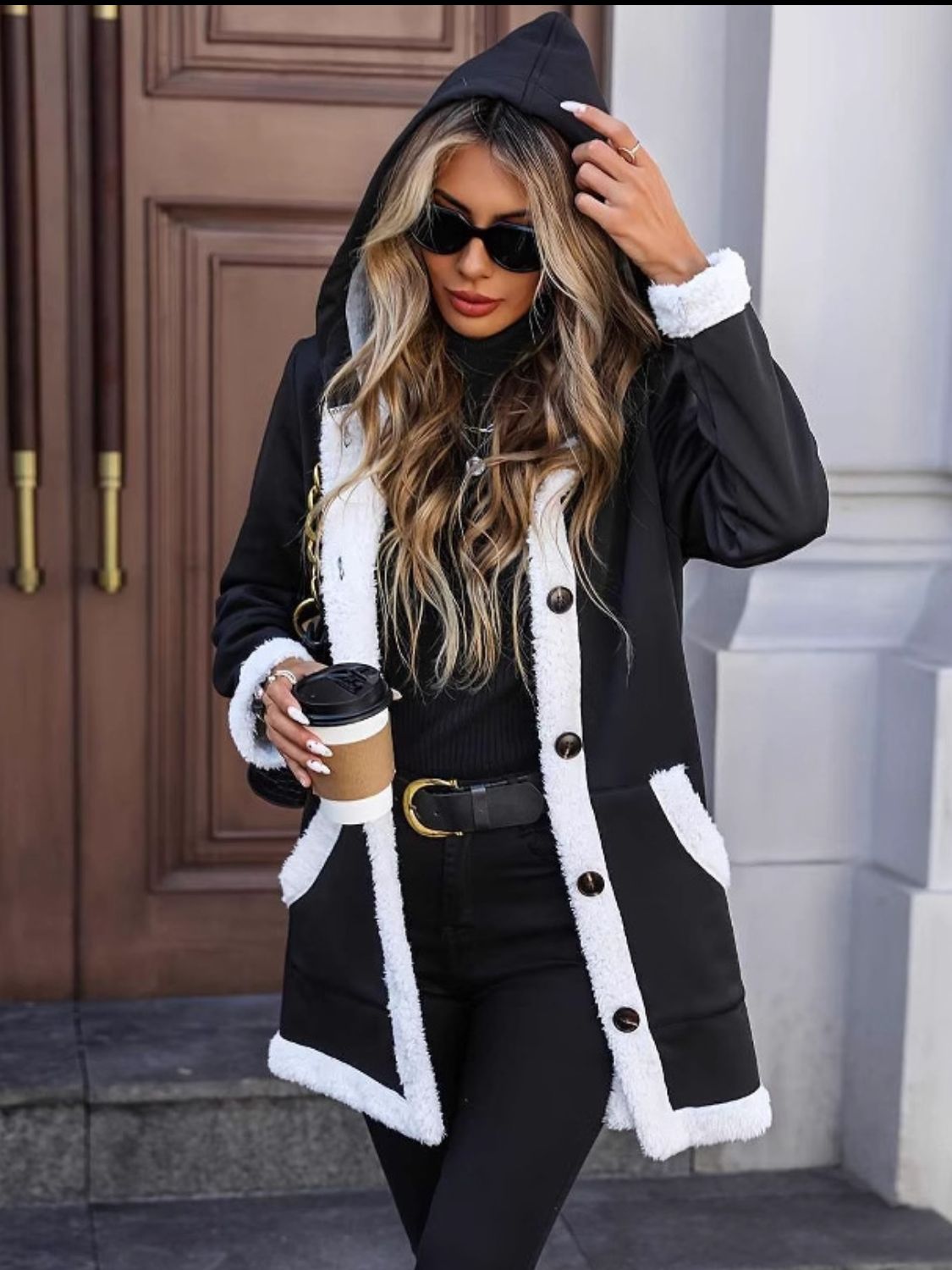 Outfit Flow - Contrast Button Up Hooded Coat