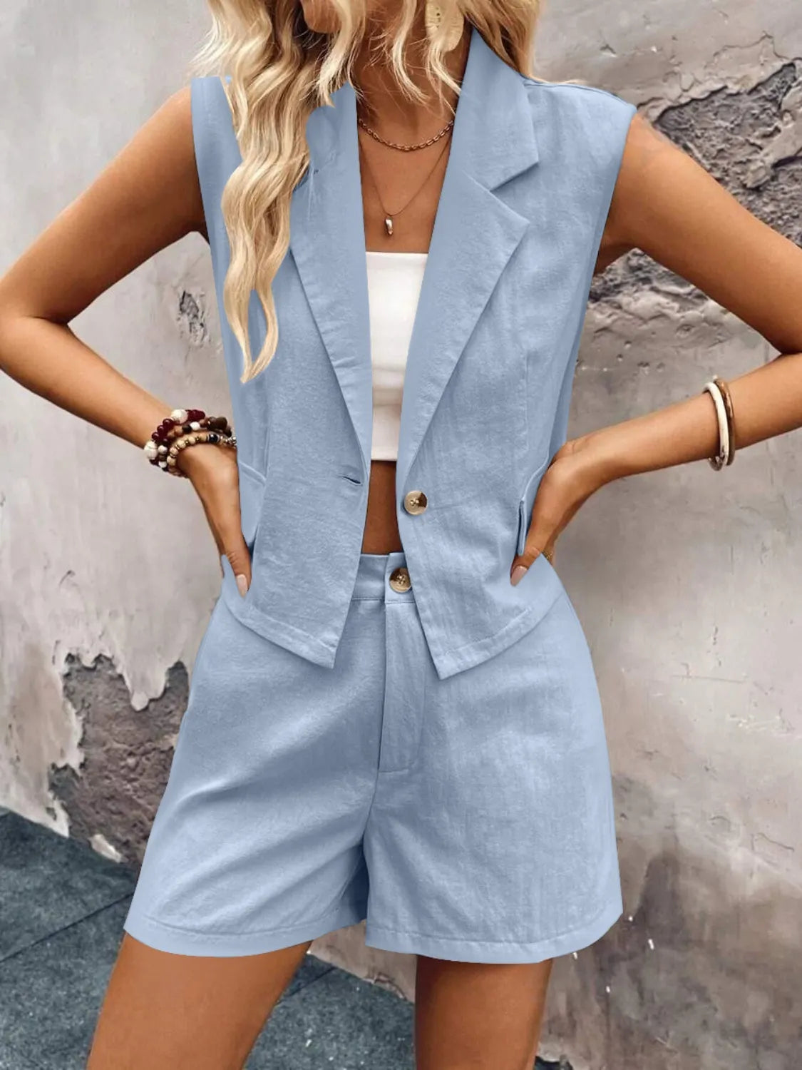 One Button Sleeveless Top and Shorts Set OutfitFlow