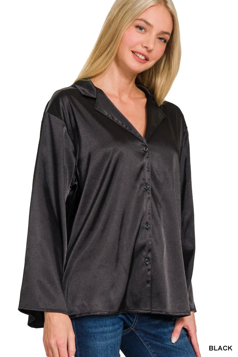 Zenana Satin Button Down Shirt BLACK OutfitFlow