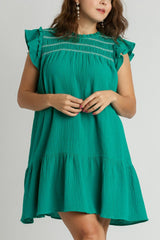 Umgee Full Size Smocked Contrast Stitching Ruffle Cap Sleeve Round Neck Dress Plus Size OutfitFlow