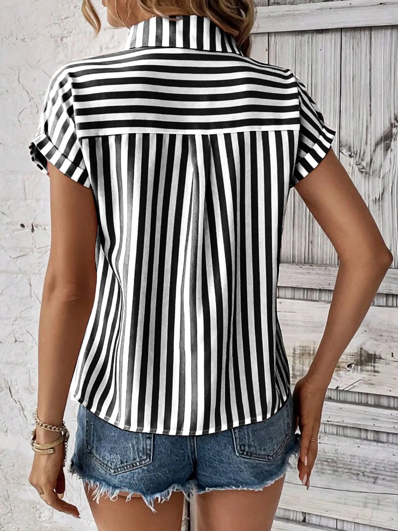 Striped Button-Up Short Sleeve Shirt with Pocket OutfitFlow
