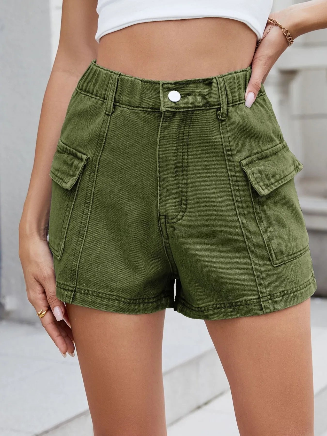 High Waist Cargo Denim Shorts OutfitFlow