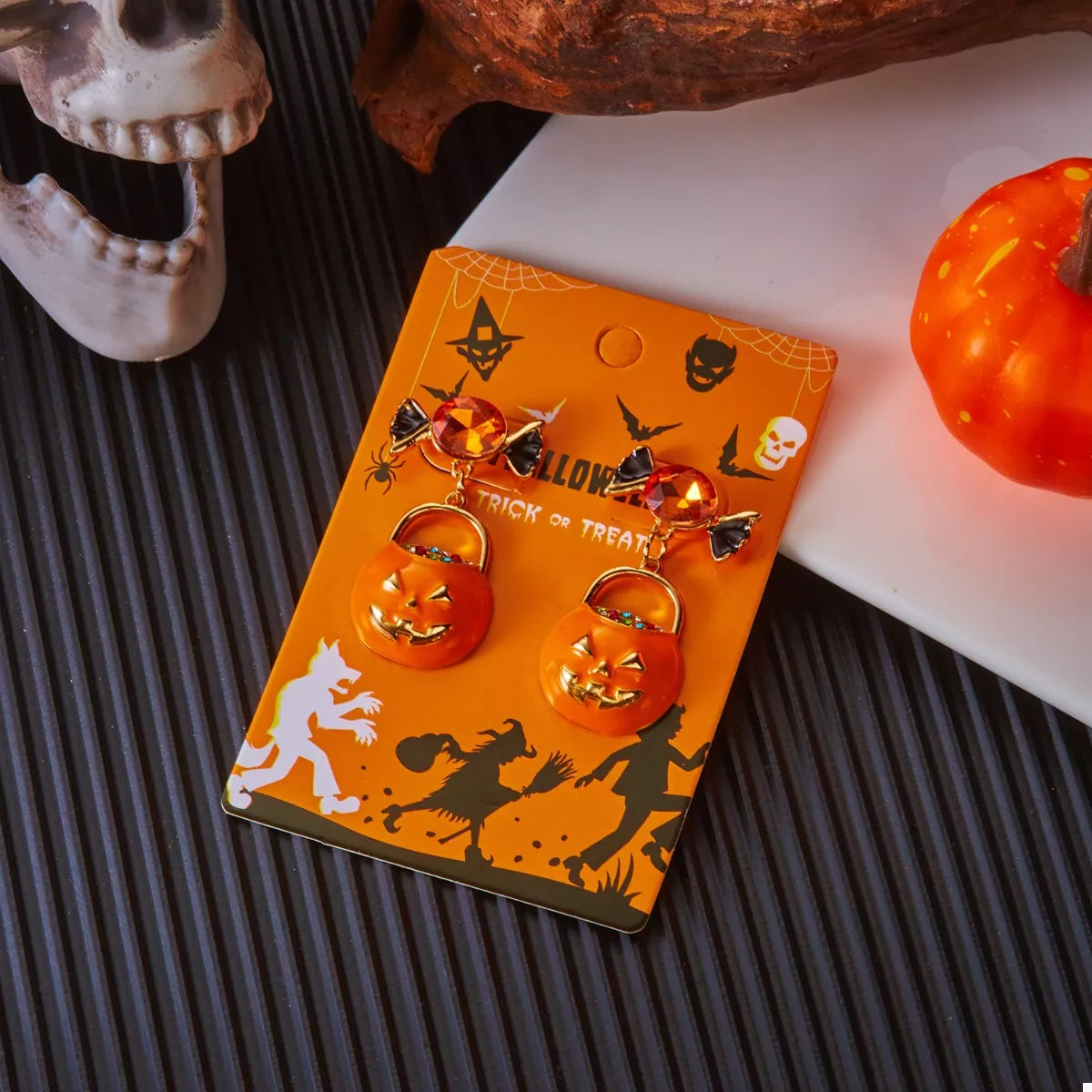 Halloween Rhinestone Pumpkin Dangle Earrings OutfitFlow