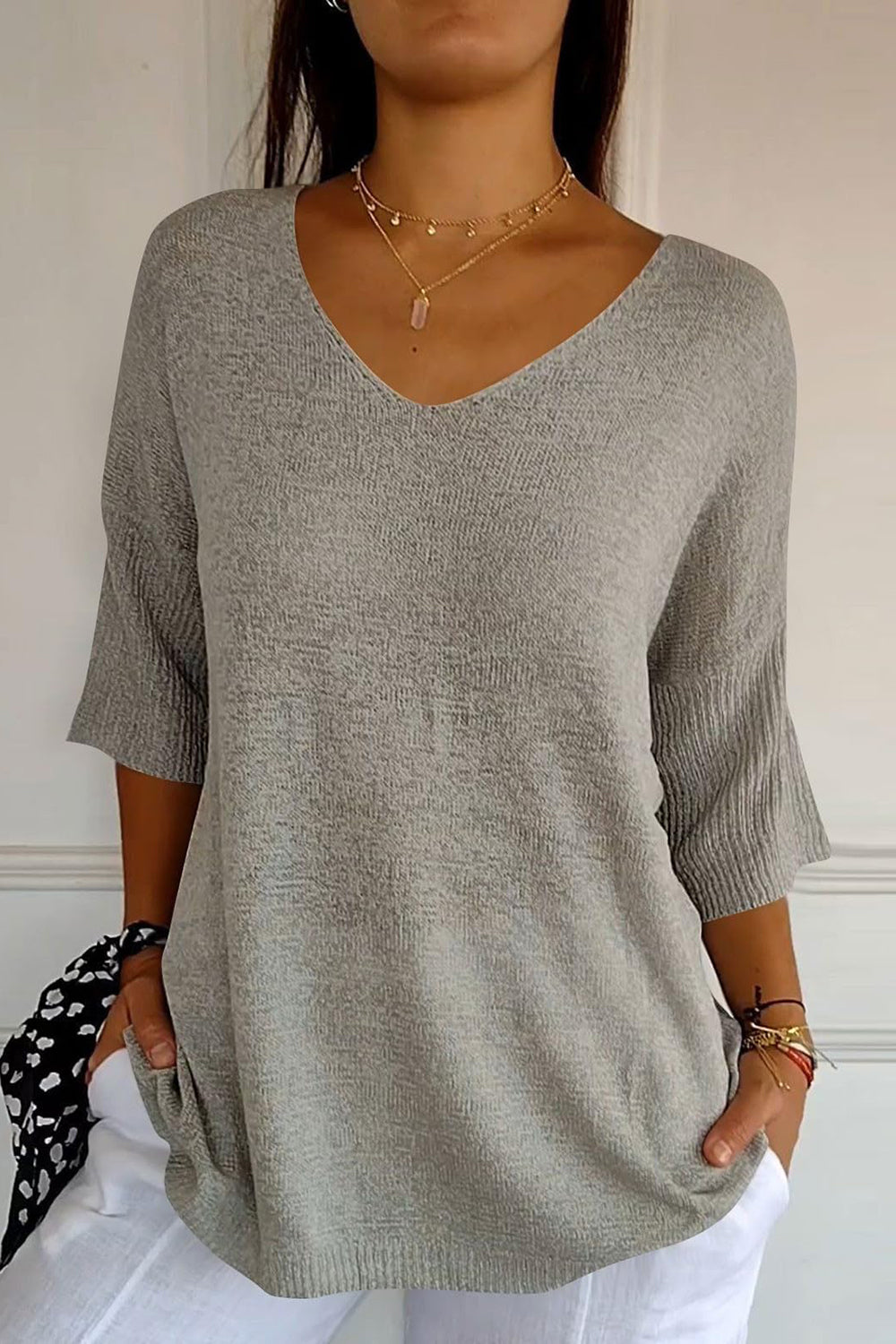 Outfit Flow - V-Neck Three-Quarter Sleeve Knit Top