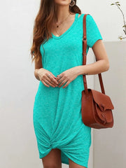 V-Neck Twisted Knot T-Shirt Dress Turquoise OutfitFlow