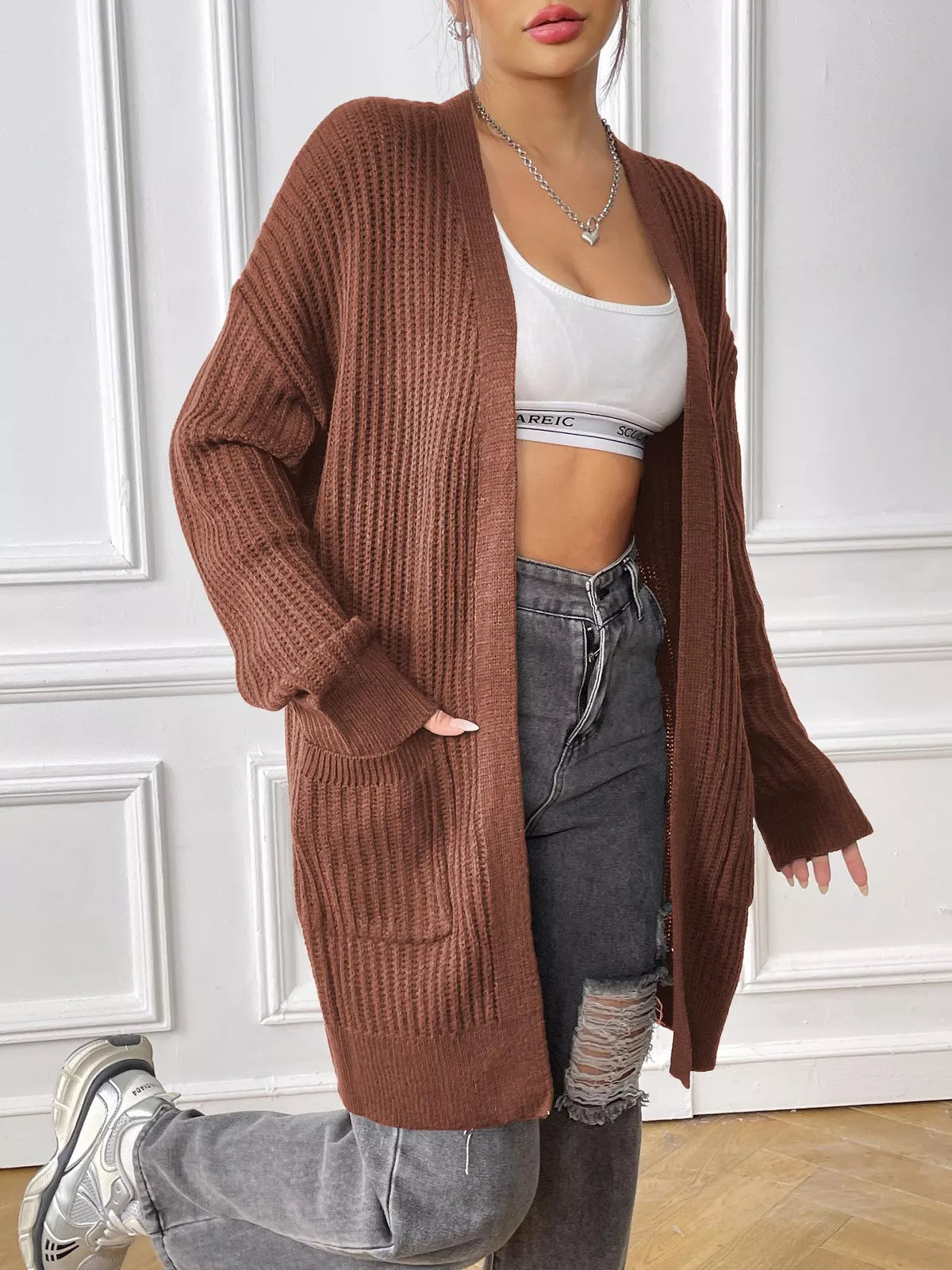 Open Front Drop Shoulder Cardigan OutfitFlow