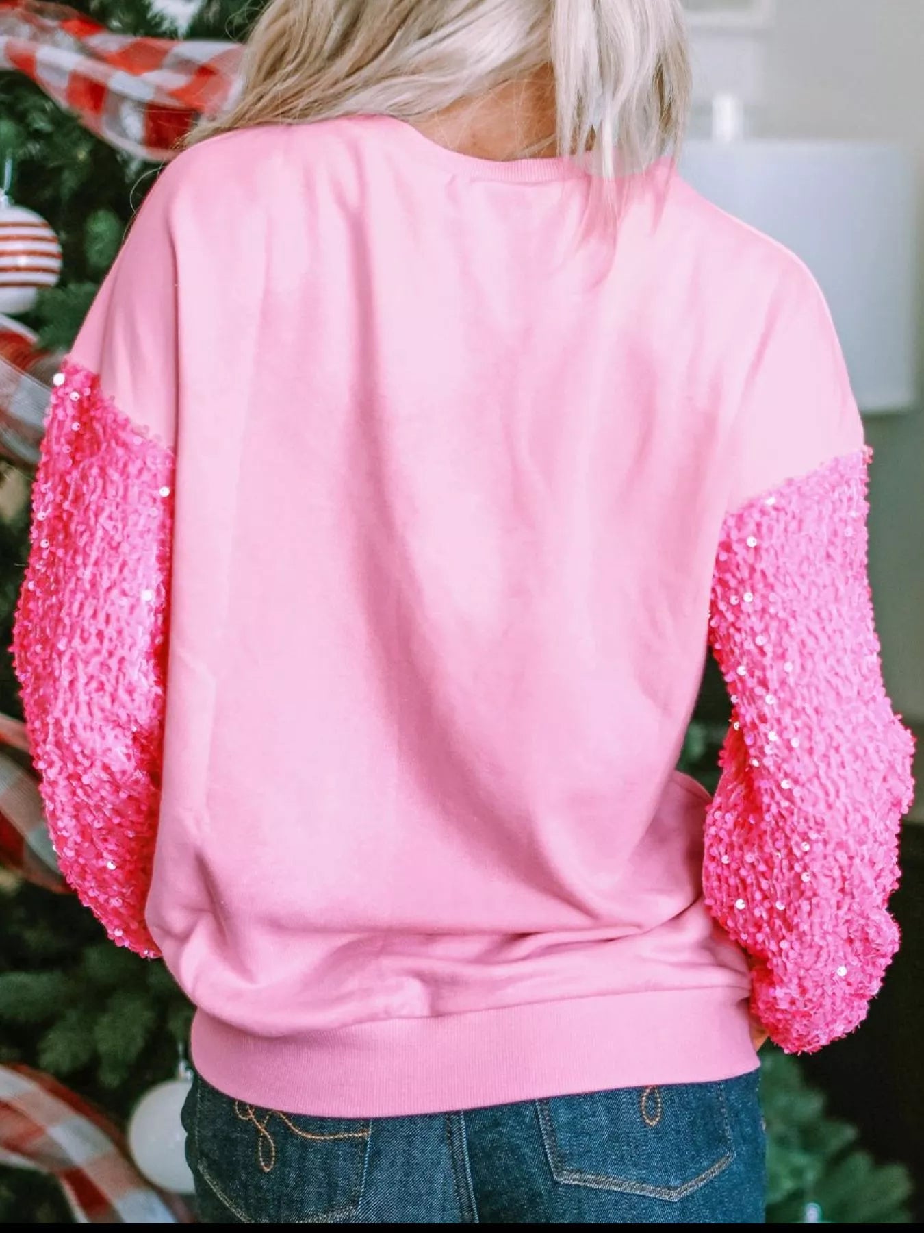 Sequin Round Neck Long Sleeve Sweatshirt OutfitFlow