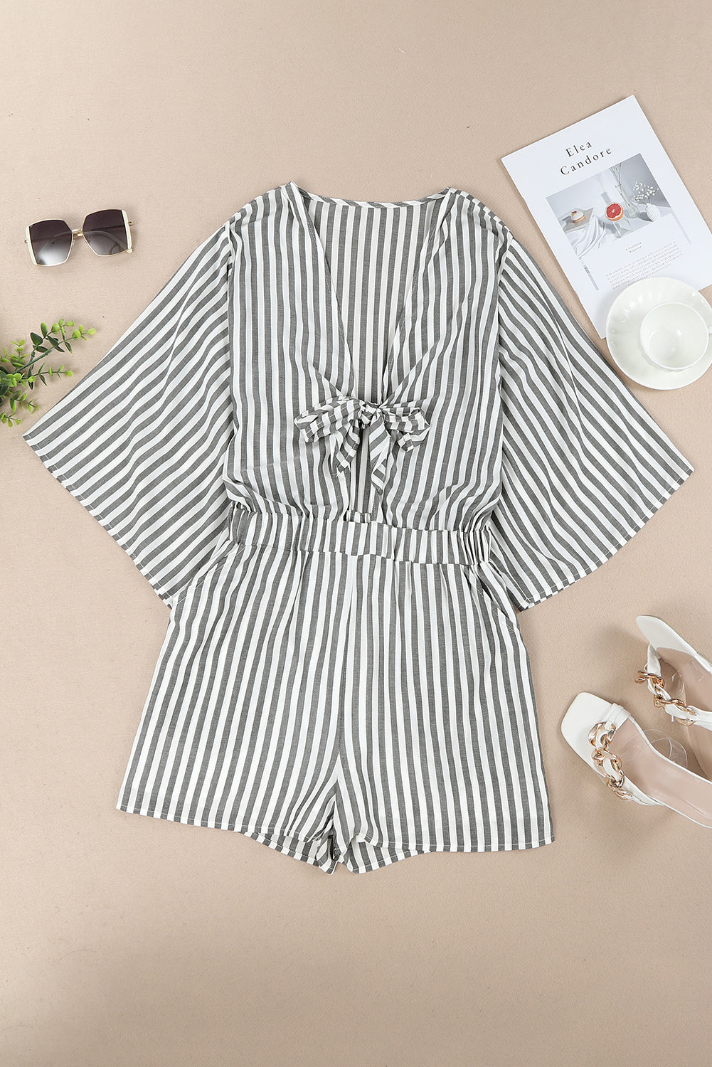 Outfit Flow - Tied Striped Three-Quarter Sleeve Romper