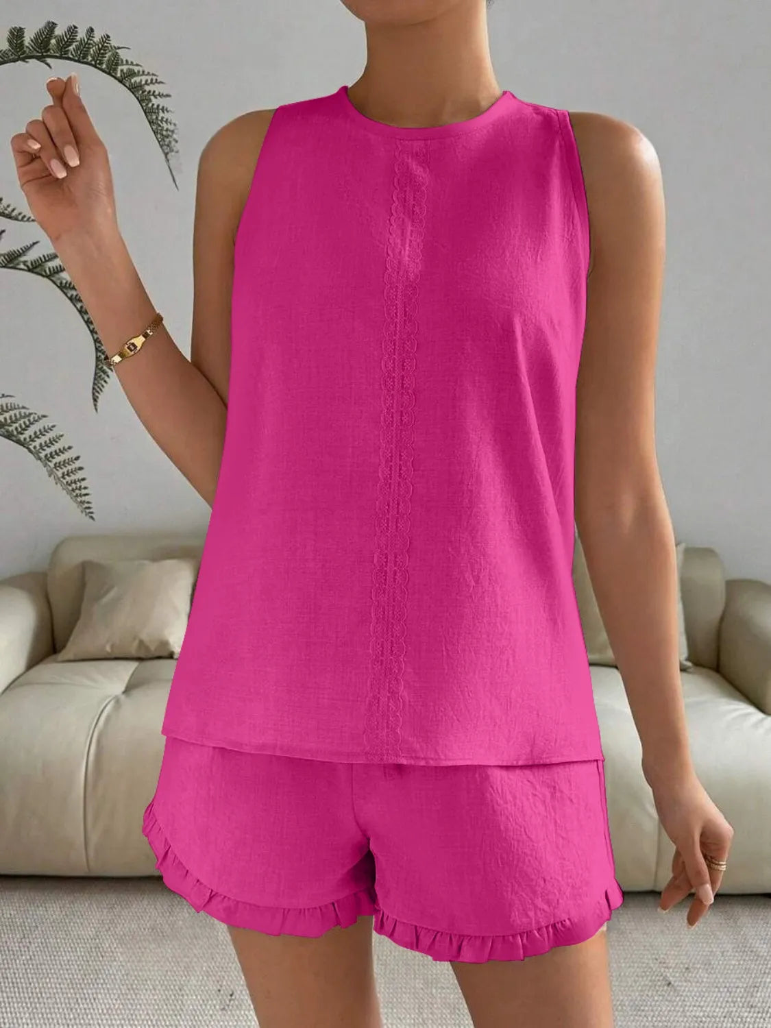 Lace Detail Round Neck Tank and Shorts Set OutfitFlow